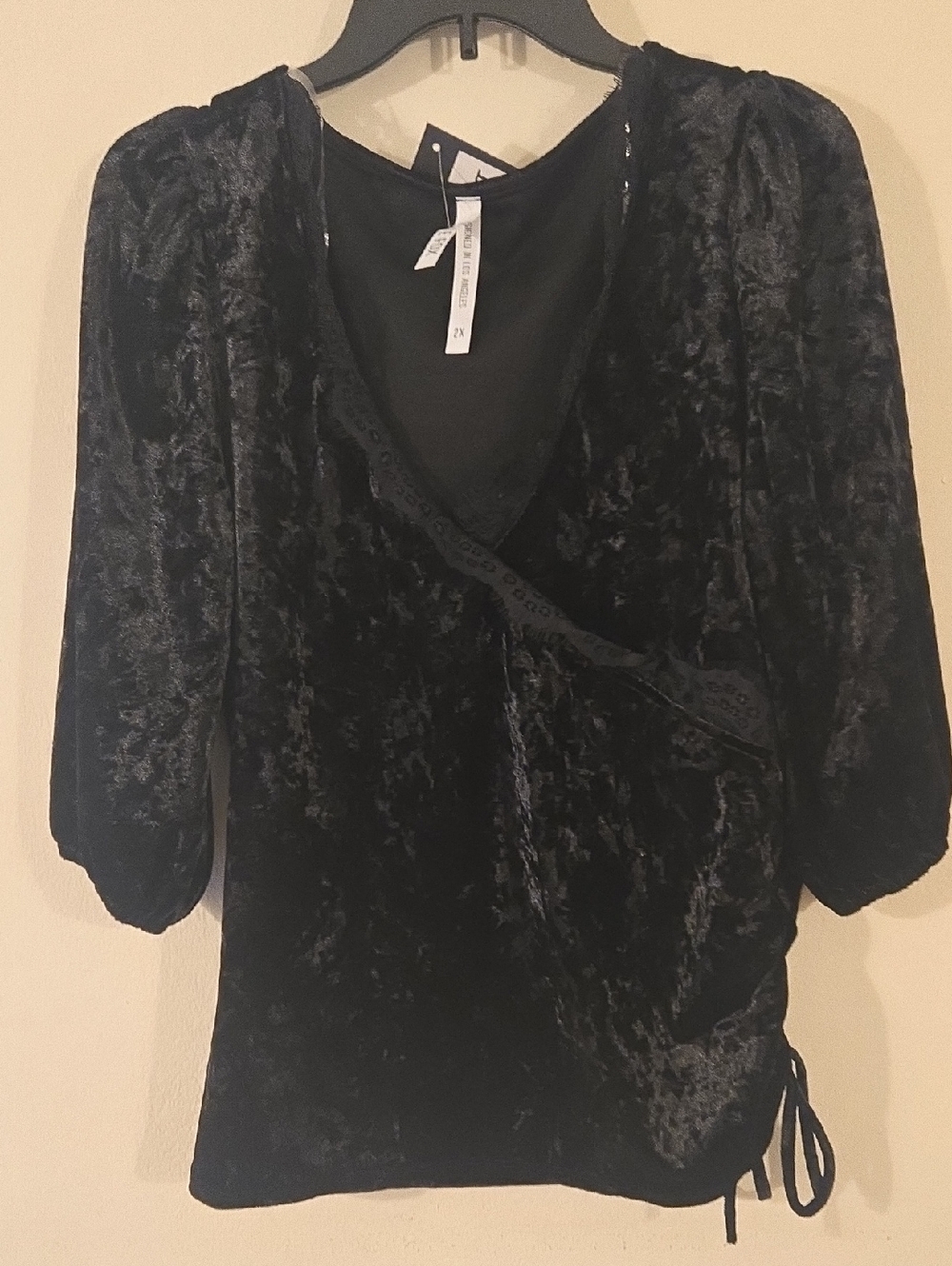 Black Velvet Wrap Vneck Lace Trim Blouse with Puff Sleeves 2XL